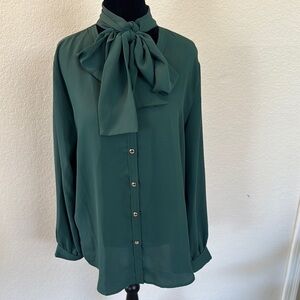 Ann Taylor Teal Button-Up Blouse with Bow